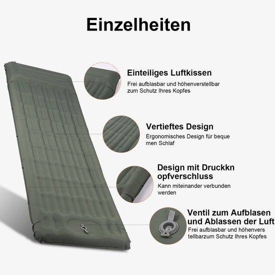 TTLUOKER®Slaapmat zelfopblazend 197 x 71 cm - Ultra Dik 12 cm Luchtbed met Ingebouwde Voetpomp - Draagkracht tot 200 kg - Camping matras - Slaapmatje - Militaire Groen van Merkloos — afbeelding 4