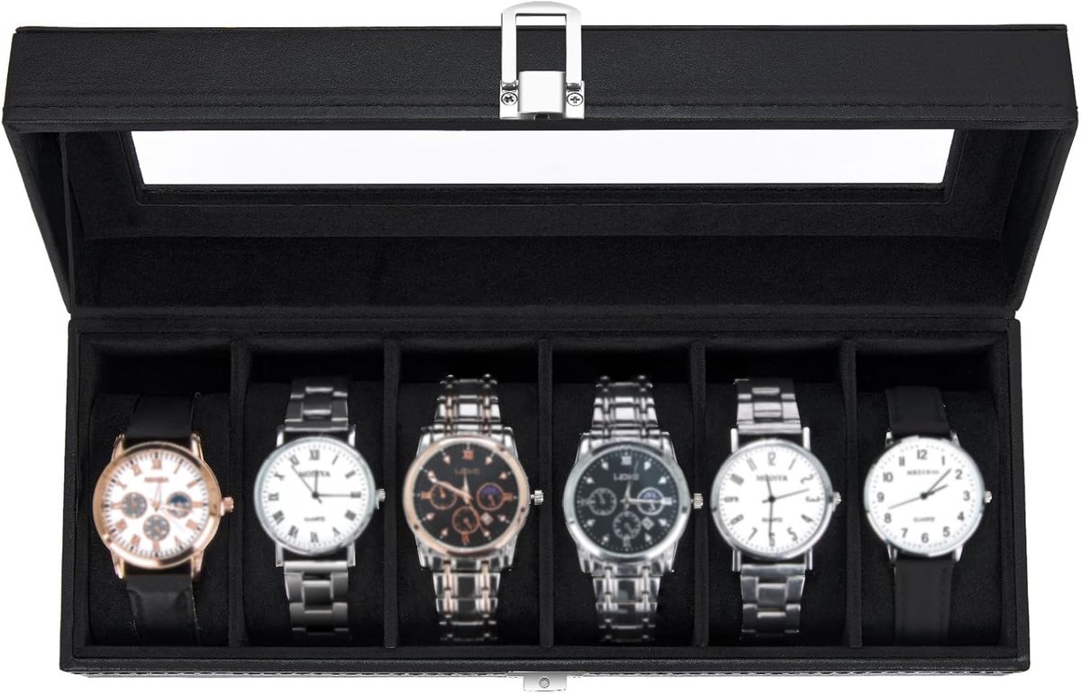 6 slot watch holder met glazen deksel - PU leren horlogeopbergdoos voor mannen en vrouwen - horloge display opslagdoos als cadeau voor Valentijnsdag of verjaardag - zwart