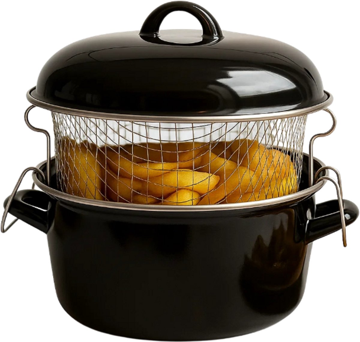Cookinglife Frituurpan Oliebollenpan Ø 24 cm / 4 L Zwart – Geëmailleerd Staal Met Mand – PFAS-Vrij, Eenvoudig Te Reinigen