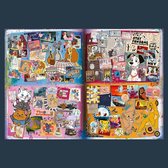 Een openstaand Disney-puzzelboek met vier secties: Lady en de Vagebond, 101 Dalmatiërs, De Aristokatten en De Leeuwenkoning, versierd met kleurrijke verfspatten.