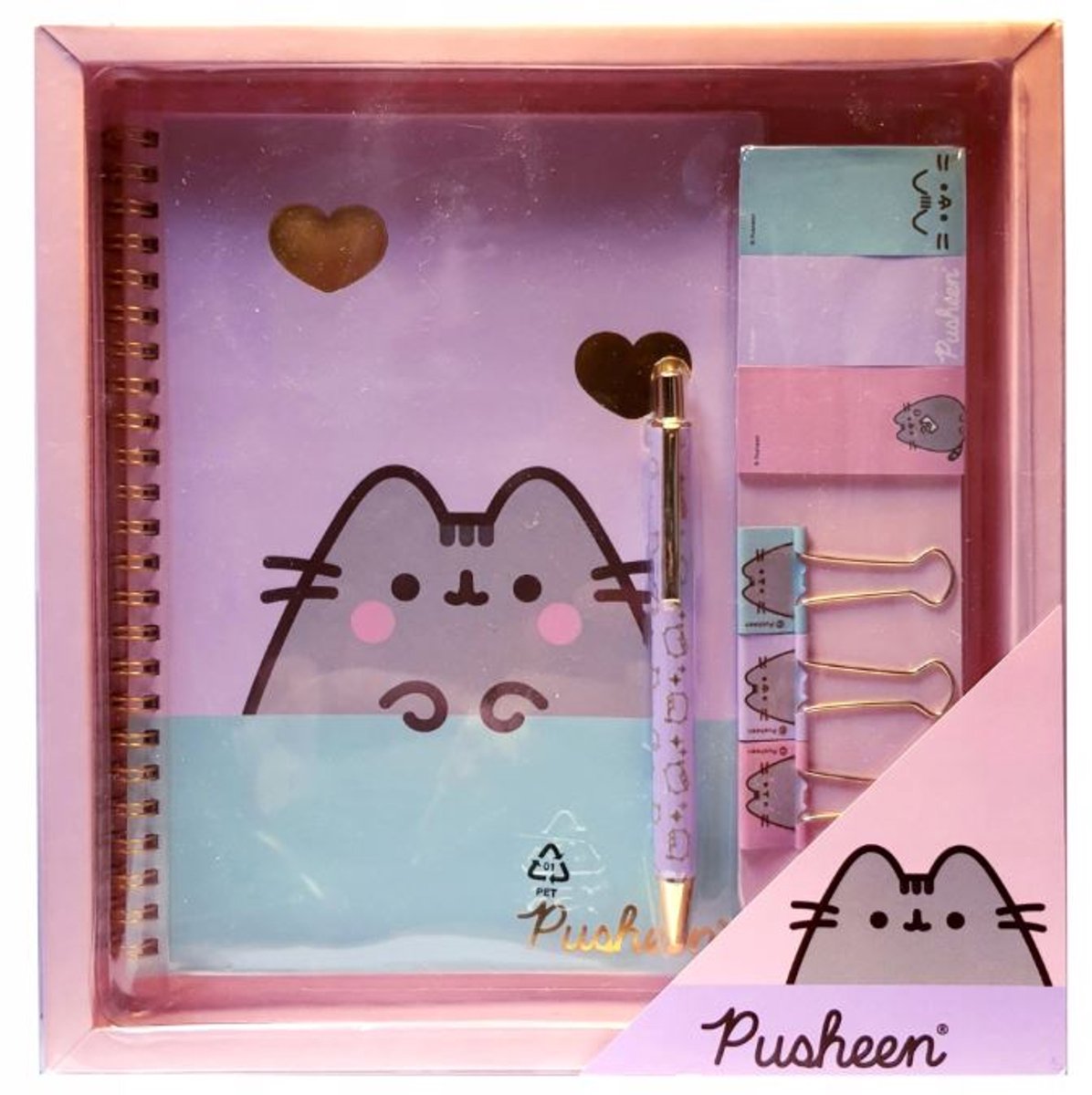 Pusheen - PUSE6434 Serie - Zestaw Upominkowy - A5 Notatnik - Samoprzylepne Karteczki - Długopis i Spinacze