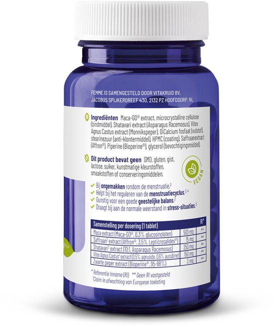Achterkant Vitakruid Femme pot met ingrediënten, samenstelling per dosering en vegan logo.