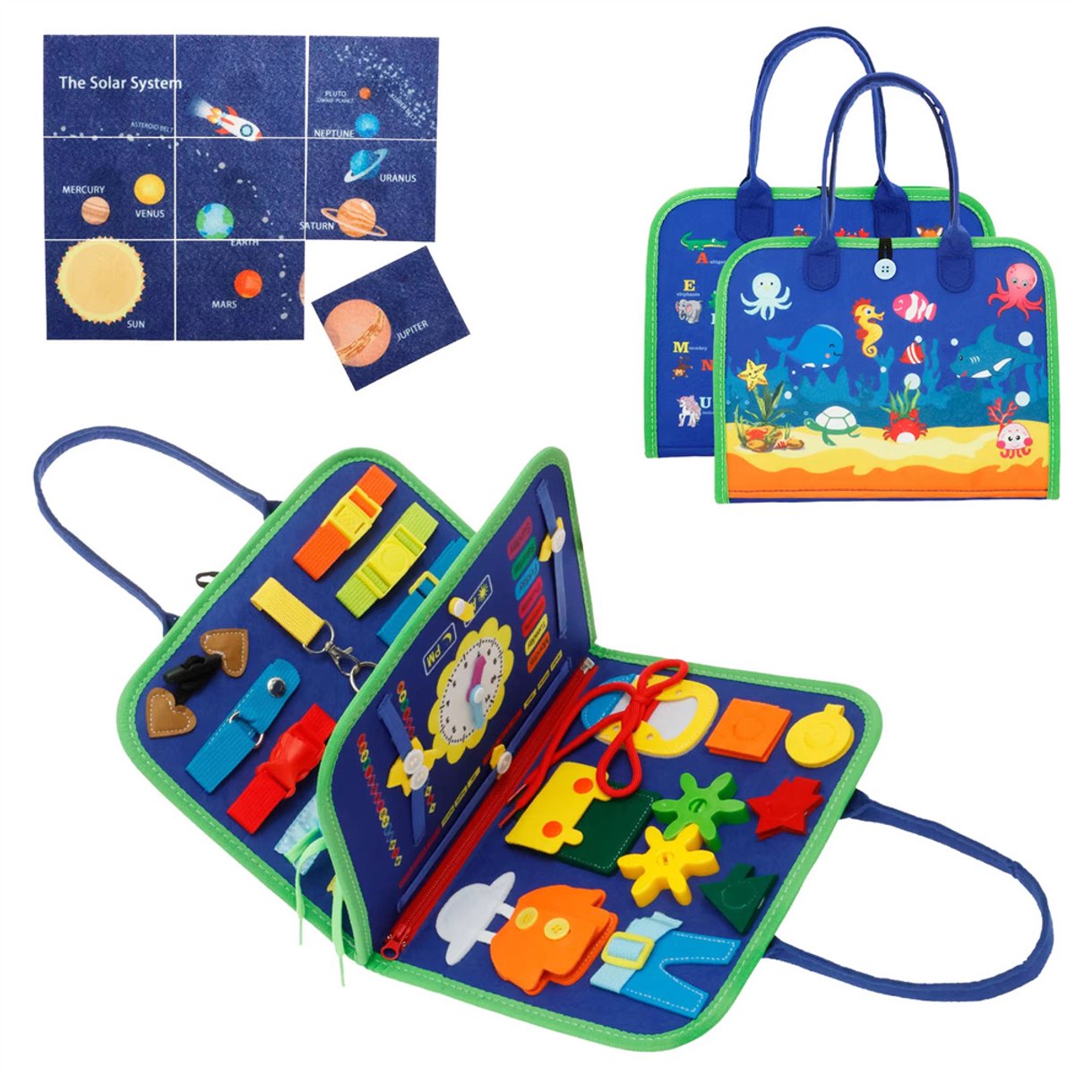Busy Board Montessori speelgoed voor peuters, sensorisch boek met educatieve activiteiten voor het ontwikkelen van fijne motoriek, verjaardagscadeau voor jongens en meisjes, reisspeelgoed voor kinderen in de auto of vliegtuig, Donkerblauw