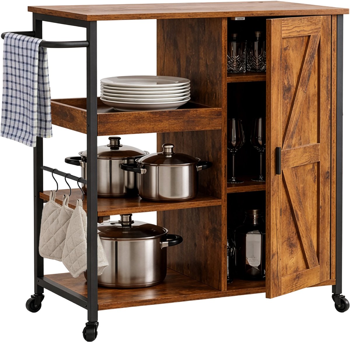 Serveerwagen - industrieel - 80x85x37 cm - zwart en bruin - met wielen