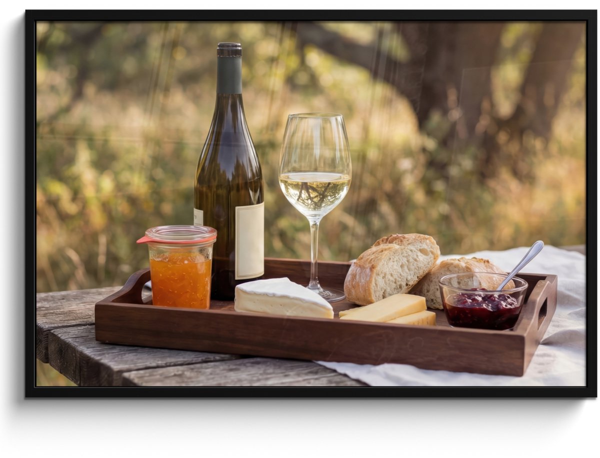 FrameYourWall Poster in lijst - Fotolijst 120x80 cm - Posters - Picknick - Wijn - Kaasplankje - Posterlijst zwart - Decoratie - Wanddecoratie woonkamer - Muurdecoratie slaapkamer