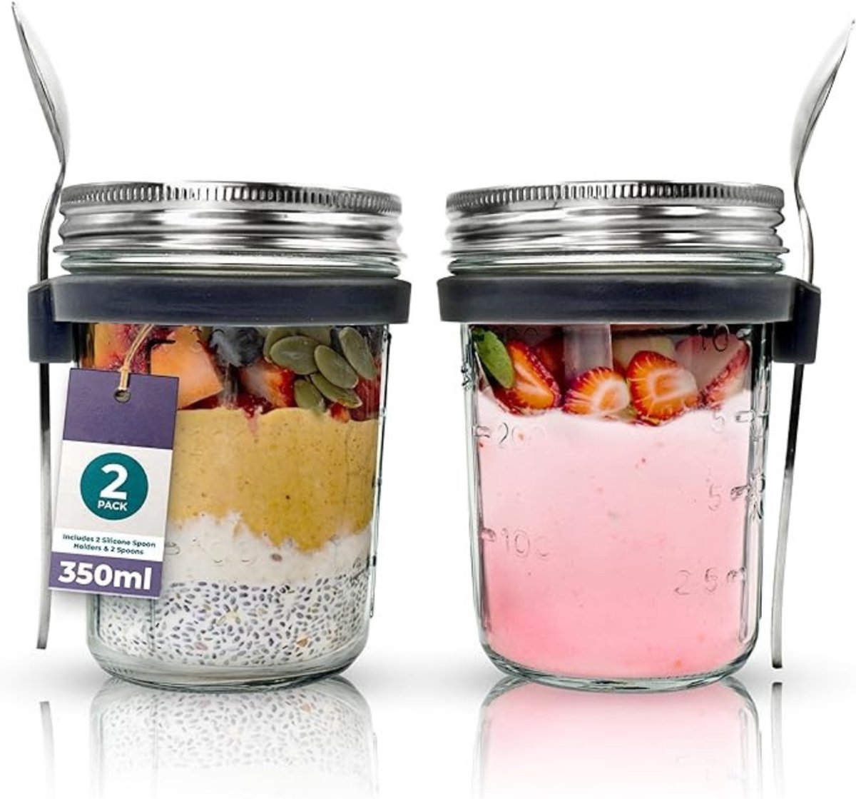 Verte Overnight Oats Potjes - Glazen Potten voor Het Ontbijt – Potten voor Overnight Oats – Glazen Bewaarpotten – Mason Jar met Luchtdicht Deksel en Lepel – Voedselbakje – Bakje voor Overnight Oats – 330 ml – 2 Stuks – Zilver