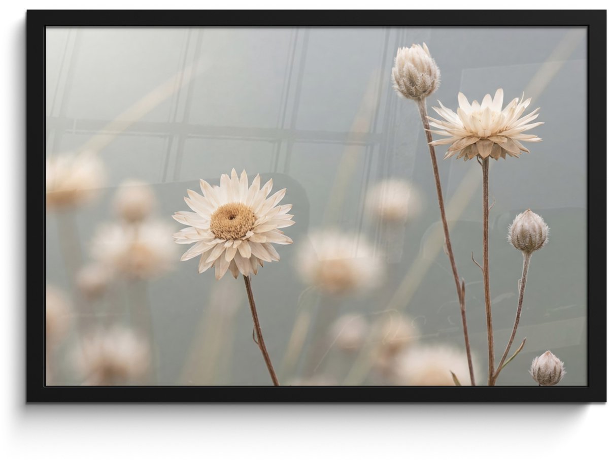 FrameYourWall Poster in lijst - Fotolijst 60x40 cm - Posters - Strobloemen - Wit - Daglicht - Posterlijst zwart - Decoratie - Wanddecoratie woonkamer - Muurdecoratie slaapkamer