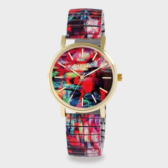 Goudkleurig horloge met veelkleurige wijzerplaat en band in abstracte print.