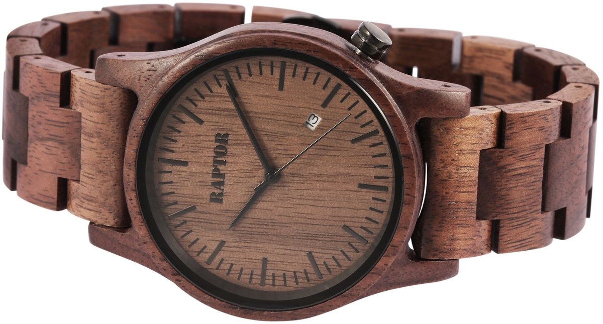 Raptor Herenhorloge zebrahout Piraat met houten armband, datumaanduiding, inclusief houten geschenkdoos
