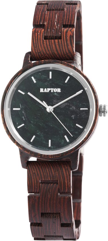 Raptor horloge met een donkergroene wijzerplaat en een bruin houten bandje met natuurlijke nerf.