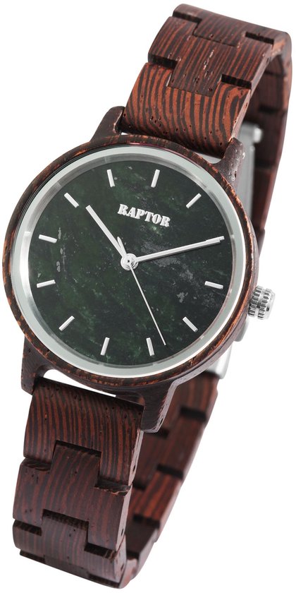 Schuin aanzicht van een Raptor horloge met donkergroene wijzerplaat en bruin houten bandje met zichtbare nerf.