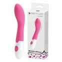 Vibrateur rose et blanc à côté de son emballage avec 'PRETTYLOVE BISHOP' et '30 functions of vibration Silicone'.