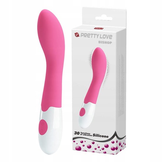 Vibrateur rose et blanc à côté de son emballage avec 'PRETTYLOVE BISHOP' et '30 functions of vibration Silicone'.