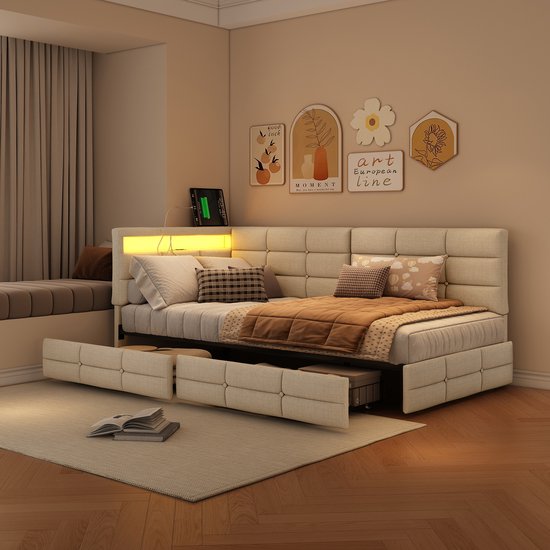 Lit d'angle 90x200 cm avec Espace de Rangement, Lit en Tissu Beige avec Éclairage LED, USB/Type-C et Prises de Courant, 2 Tiroirs et Tête de Lit avec Compartiments de Rangement