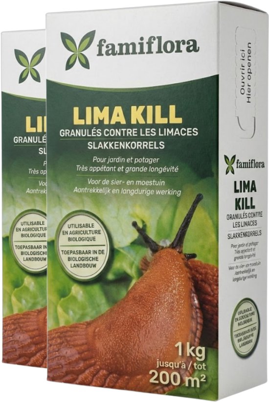 Famiflora LIMA KILL Granulés anti-limaces 2x 1KG (=2KG) - Appât prêt à l'emploi - Convient à l'agriculture biologique - Applicable en agriculture biologique - Bloque immédiatement le mécanisme d'alimentation