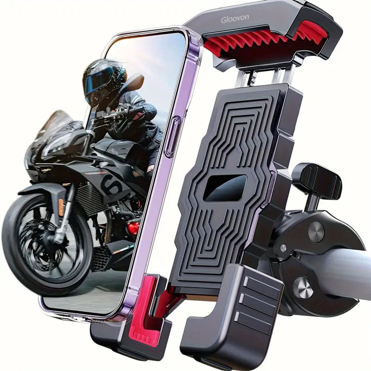 Gloovon® - Telefoonhouder Fiets, Motor en Scooter - Universele Smartphone Houder - Met Safety Lock - 360° Draaibaar - Voor alle Smartphones (4.7-7 inch)