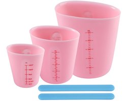 Tasses à mesurer en silicone - Différents volumes avec double graduation - Bâtonnets mélangeurs inclus