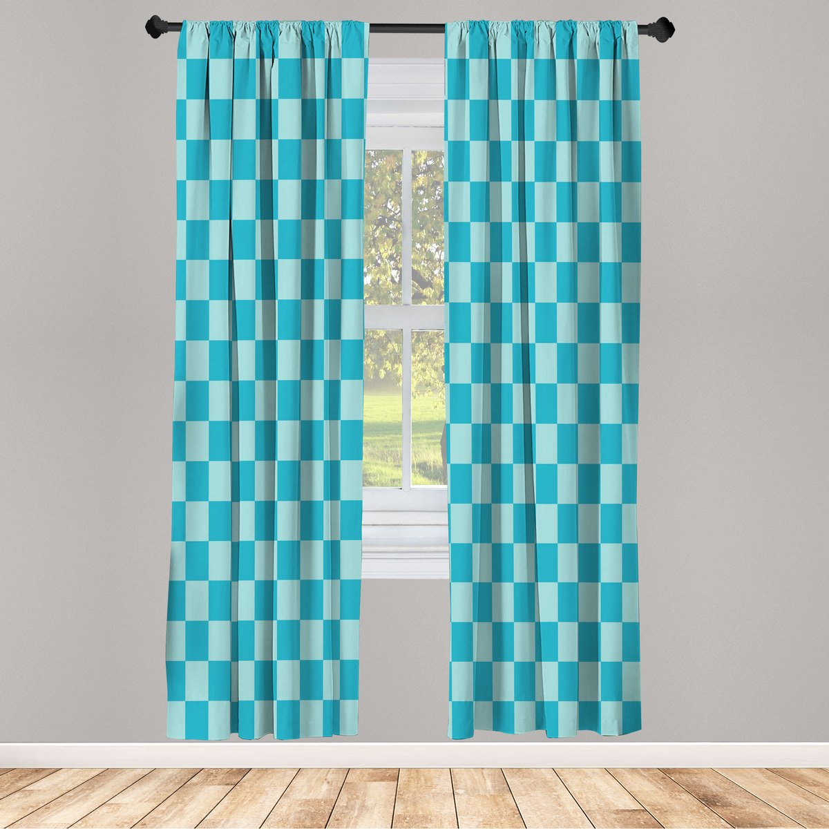 ABAKUHAUS Damspelgordijnen, Geometrisch damspelontwerp, set van 2 panelen voor woonkamer en slaapkamer, 150 cm x 245 cm, Blauw