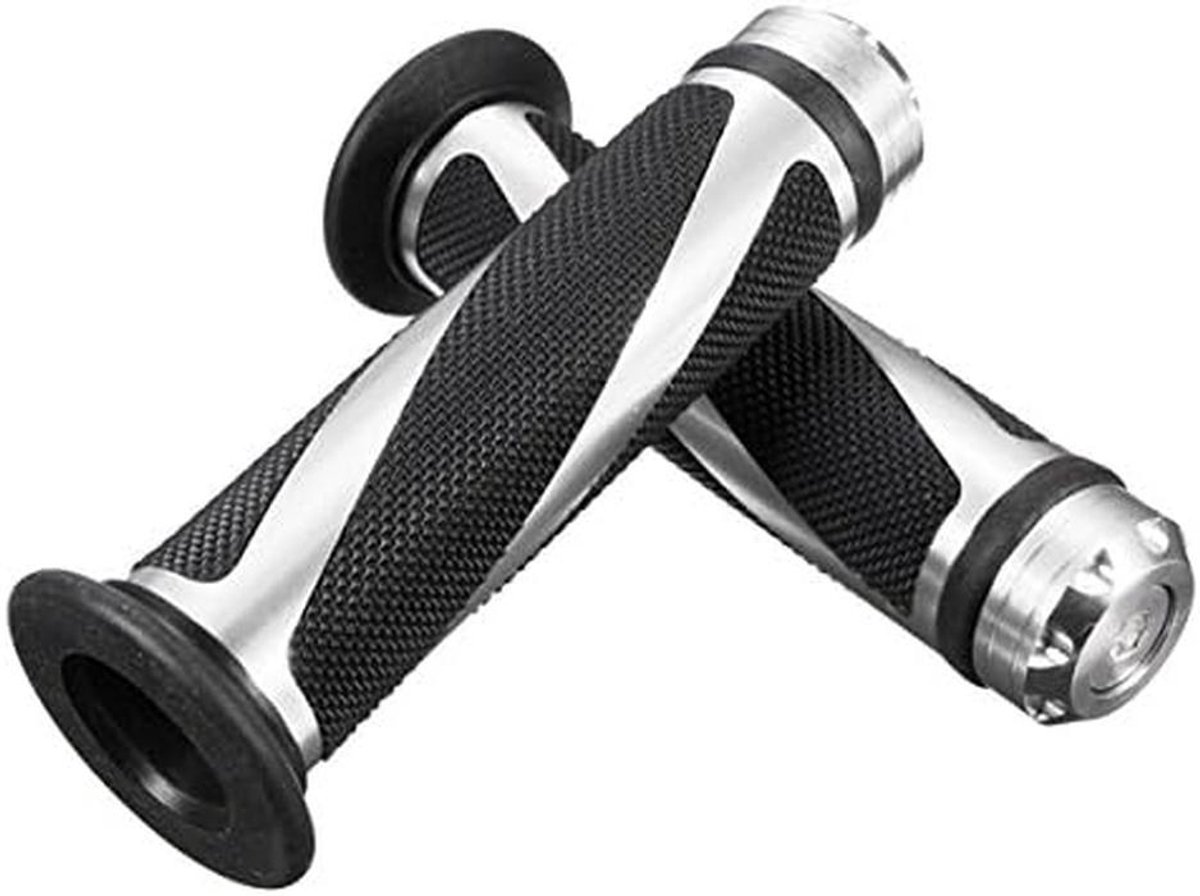 Motorfiets Handvatten - Stuur Rubber - Rijden Verbeteren - CNC Aluminium - 22mm Open Stuur - Zilver