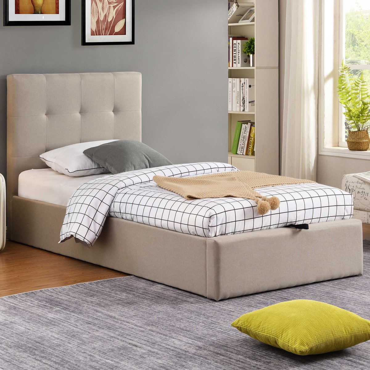Eenpersoonsbed Corbi Met Opbergruimte 90x200 - Zand - Poldimar - Eenpersoons Gestoffeerd Bed - Beige - Polyester Eenpersoons Normaal Bed