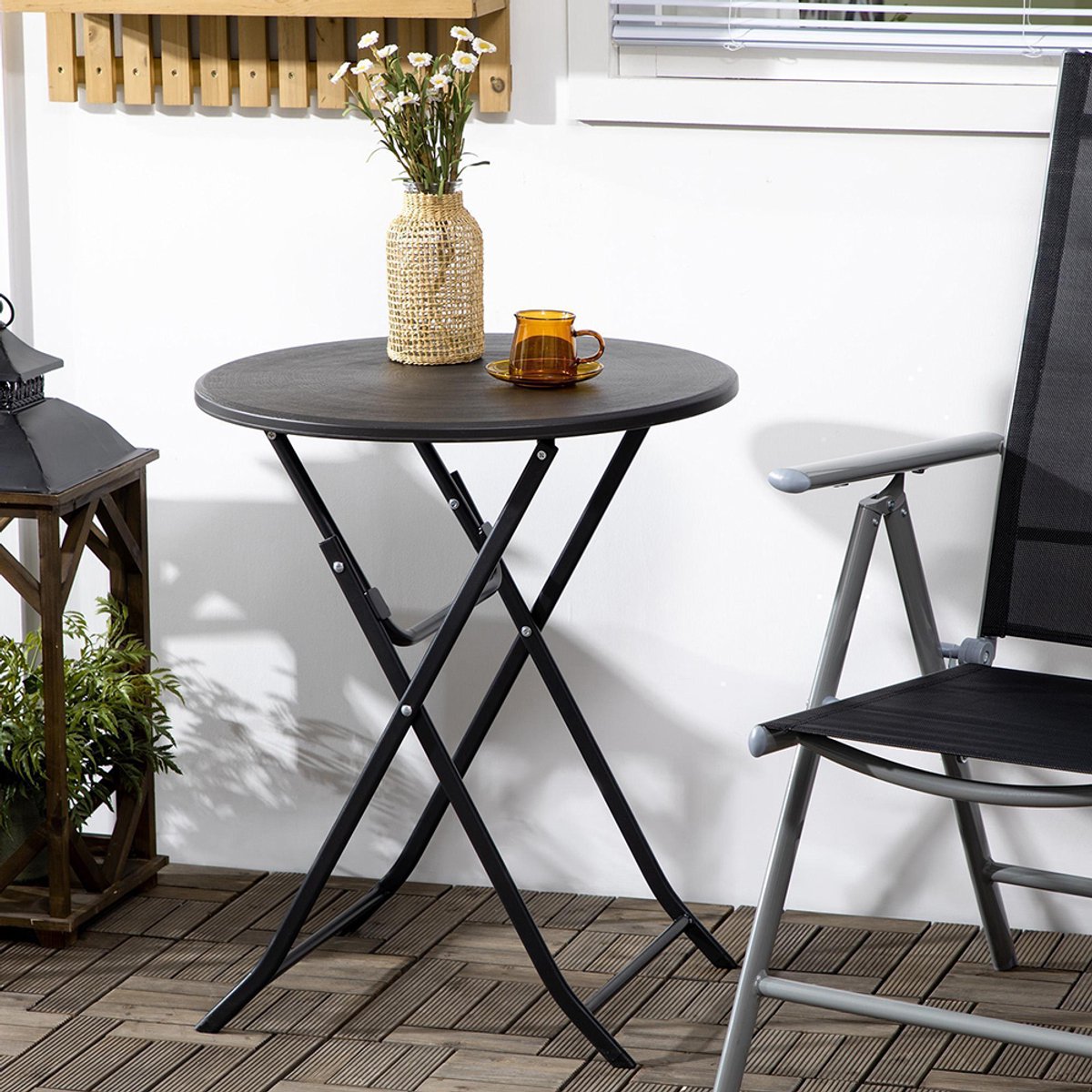 Pugsdrly Tuintafel, rond, opklapbaar, voor 2 personen, houtlook, staal+kunststof, donkergrijs, 60 x 60 x 73 cm