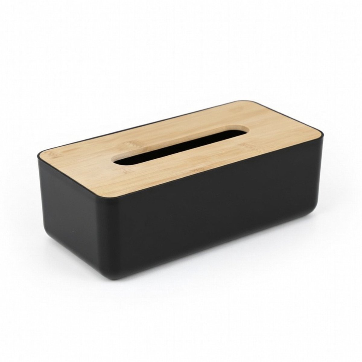 Bambou & Co Tissuebox - Luxe Zakdoekjeshouder - zwart - kunststof met bamboe deksel - 26 x 13 x 8,5 cm
