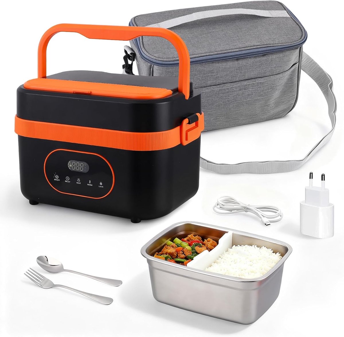 Elektrische Lunchbox - Verwarmde Maaltijdbox - Onderweg Eten - Draadloos Oplaadbaar - 1 Liter Capaciteit - Oranje