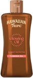 Bruine fles Hawaiian Tropic Glowing Oil Tanning Oil, met de tekst 'WITHOUT PROTECTION TANNING OIL'.