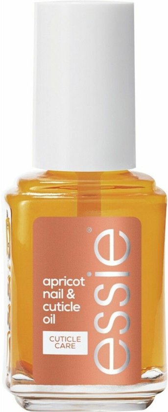 Een doorzichtig flesje met oranje nagel- en nagelriemolie van Essie met een wit dopje en oranje label.
