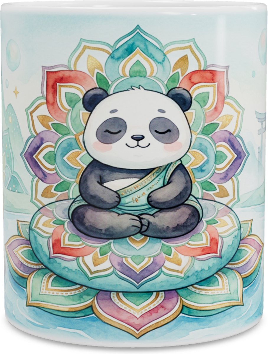 Mok met schattige mediterende panda op mandala - Kawaii zen tuin met kikker en torii poort - Aquarel pastel illustratie - Rustgevend cadeau voor pandaliefhebbers en theemomenten