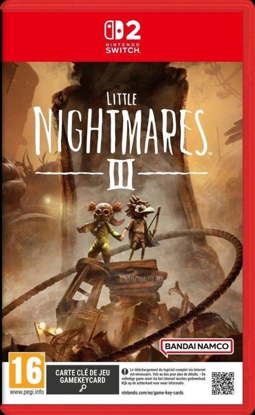 Omslag van Little Nightmares III voor Nintendo Switch met twee kleine personages op een brug.