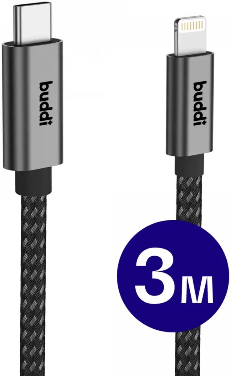 Buddi Flex | USB-C naar Lightning Kabel 20W Fast Charge | Power Delivery | 480Mbps Dataoverdracht | Gevlochten Nylon | 3M | 3 Meter | Zwart
