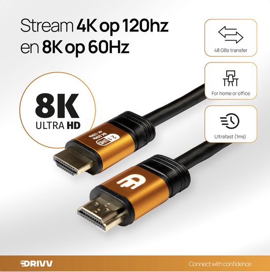 Drivv. Premium HDMI Kabel 2.1 - Ultra HD - 8K 60Hz - 4K 120Hz - Geschikt voor gameconsoles - HDMI-kabels - 2 meter - Oranje