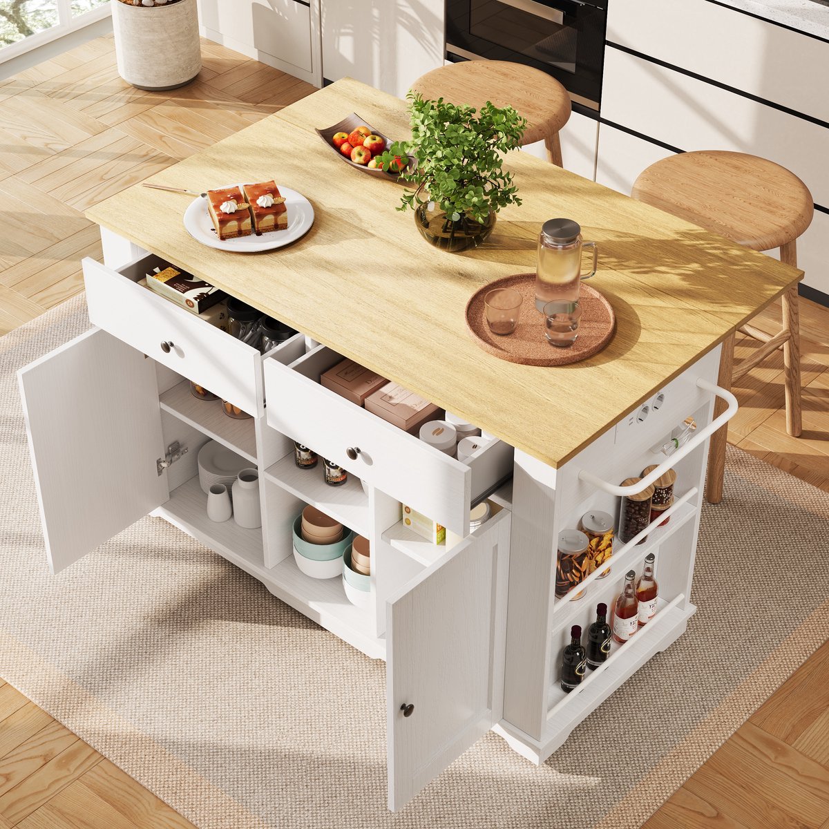 Wishdor Keukeneiland - Met Stopcontacten En Uitklapbaar Blad - Houtlook - Voor Keuken - MDF En Metaal - Wit/Naturel - 151,5 x 59,7 x 91,7 cm Wit+Natuurlijk
