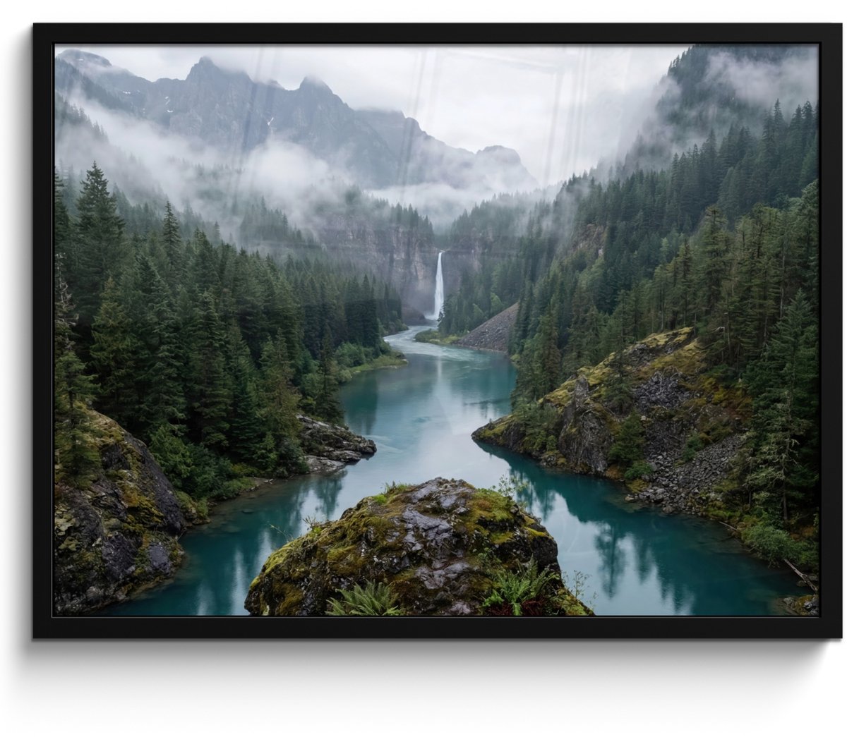 FrameYourWall Poster in lijst - Fotolijst 80x60 cm - Posters - Waterval - Bomen - Bergen - Posterlijst zwart - Decoratie - Wanddecoratie woonkamer - Muurdecoratie slaapkamer
