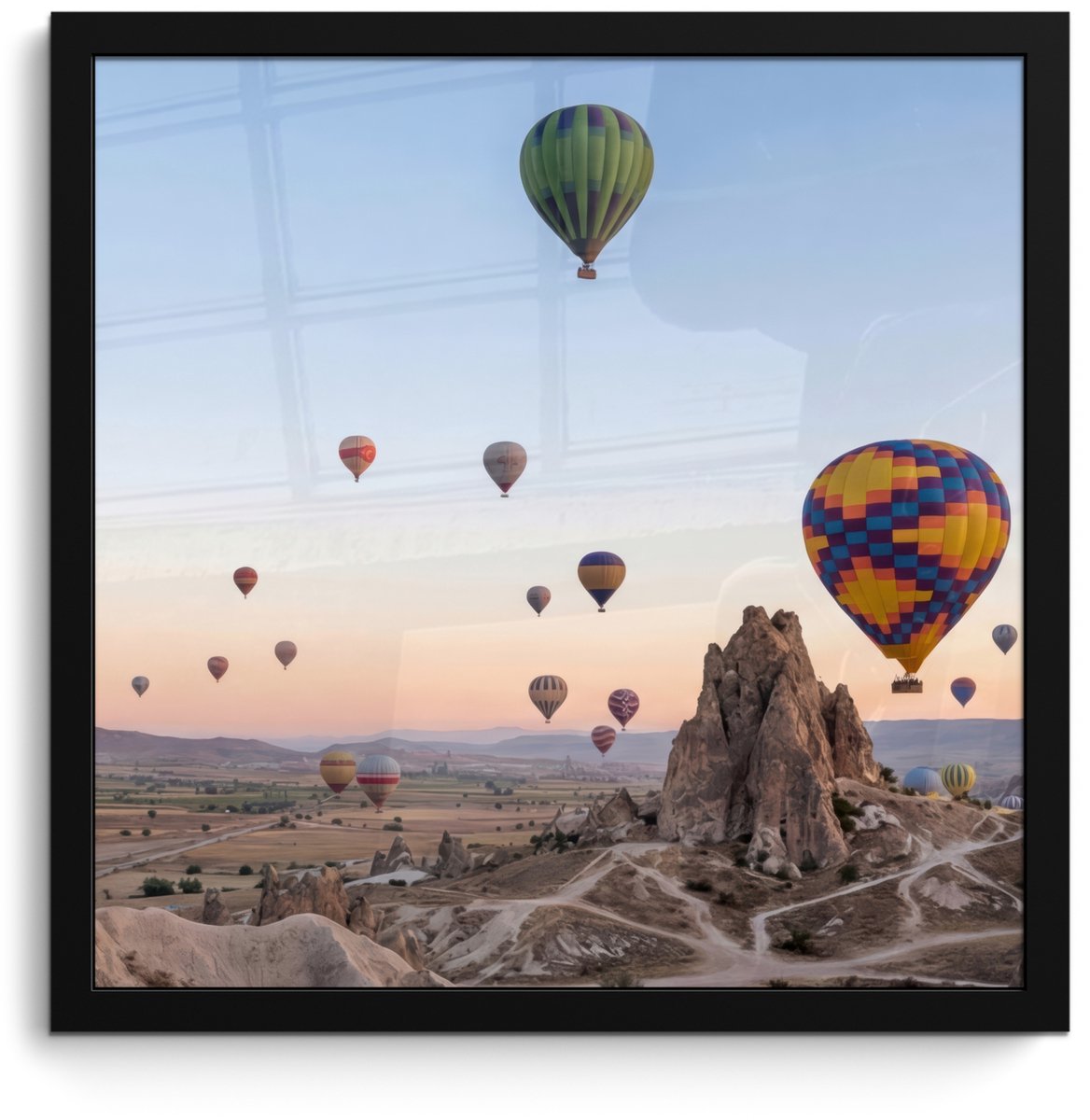 FrameYourWall Poster in lijst - Fotolijst 40x40 cm - Posters - Luchtballonnen - Rotsen - Zonsopgang - Posterlijst zwart - Decoratie - Wanddecoratie woonkamer - Muurdecoratie slaapkamer