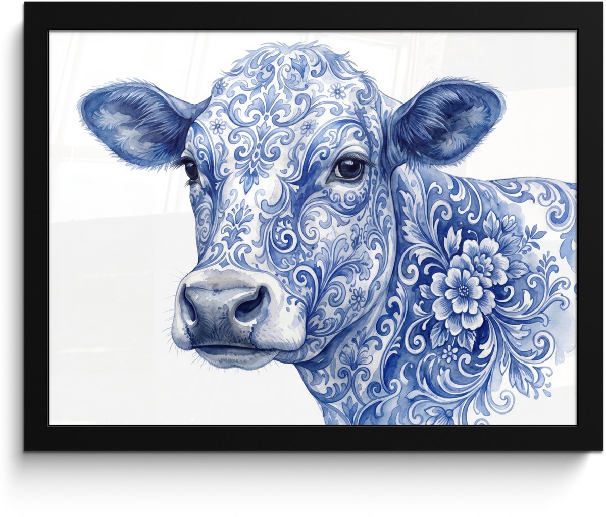 FrameYourWall Poster in lijst - Fotolijst 40x30 cm - Posters - Illustratie - Koe - Blauw - Posterlijst zwart - Decoratie - Wanddecoratie woonkamer - Muurdecoratie slaapkamer