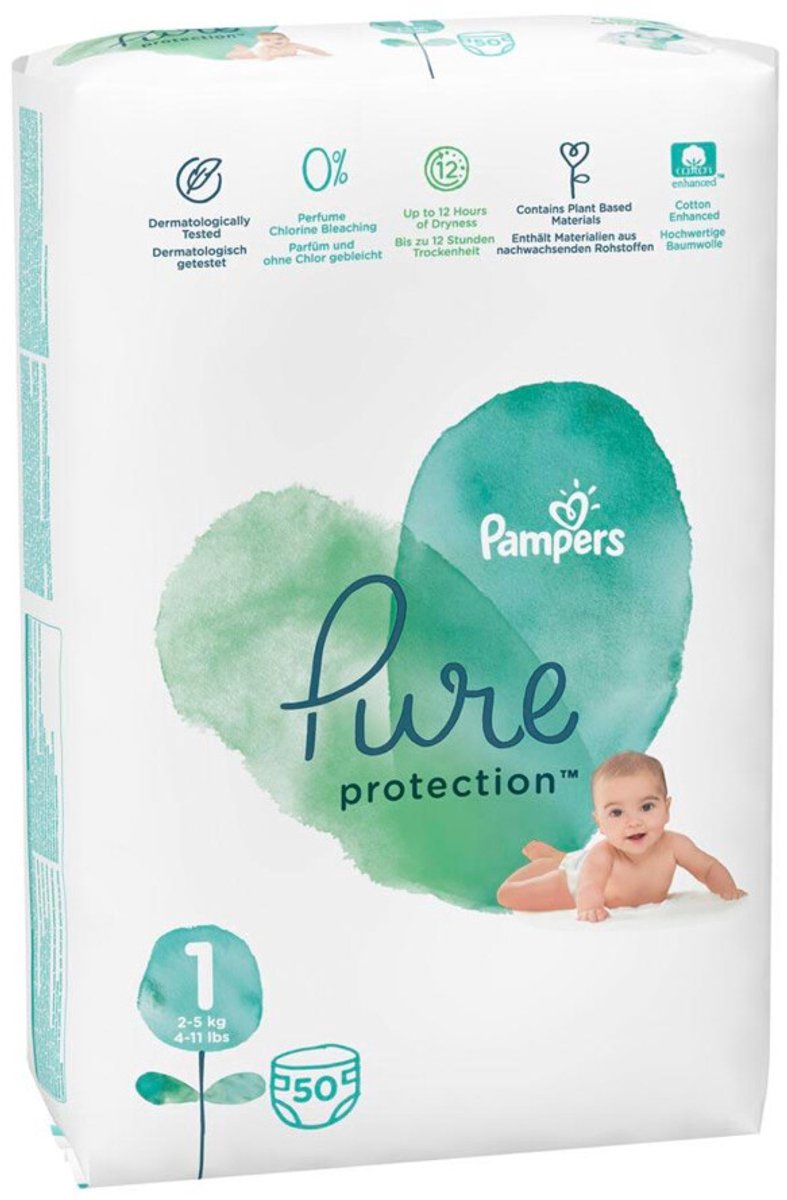 2x Pampers Pure Protection Luiers Maat 1 (2-5 kg) 50 stuks