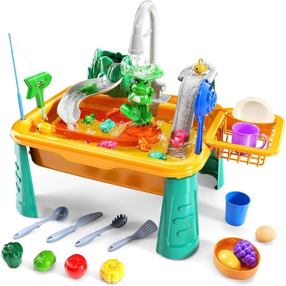 Watertafel speelgoed voor 3-5 jaar - Speelgoedsink met elektrische waterpomp - Grote watertafel voor kinderen - Visspel Buitenspeelgoed voor jongens en meisjes - Geel, elektrisch