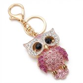Roze uil sleutelhanger dames – goudkleurige sleutelhanger met roze strass stenen – decoratieve uil hanger – luxe keychain voor sleutels, tas of portemonnee