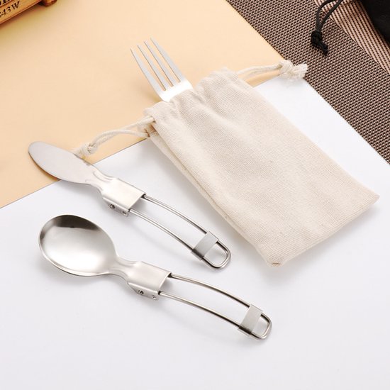 5-Delige Inklapbare Campingbestek Set RVS (304) - Draagbaar Reisbestek met Mes, Vork, Lepel, Spork & Eetstokjes - Compact Outdoor Bestek voor Picknick, Hiken & Backpacken - Inclusief Zwarte opbergtas — afbeelding 5