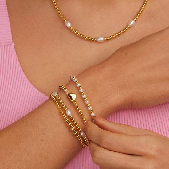 My Bendel - Bracelet de perles de couleur or avec Cœur et Pierre précieuse - White Quartz - avec Emballage cadeau Luxe | Bijoux Pour Dames