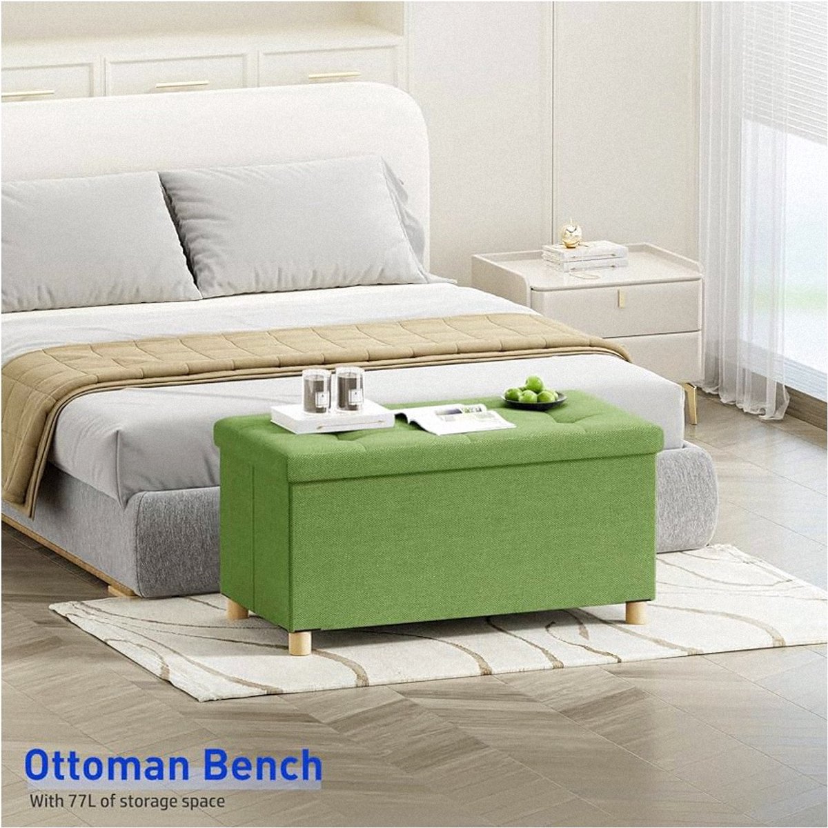 Ottomaanse opbergdoos met 4 houten poten - groen - linnen - 76 x 38 x 38 cm