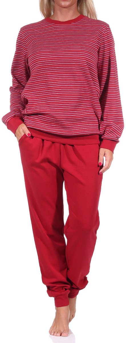 Normann Gemakkelijke interlock damespyjama met manchetten in streepjeslook - 212 201 225 rot