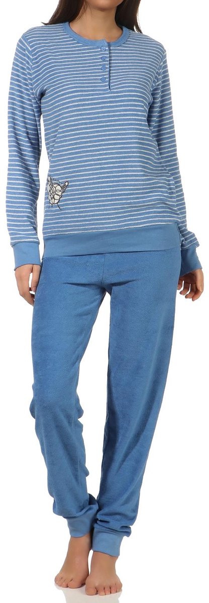 Normann Dames badstof pyjama met lange mouwen, mouwboorden en schattige applicatie - 20 201 13 112 hellblau