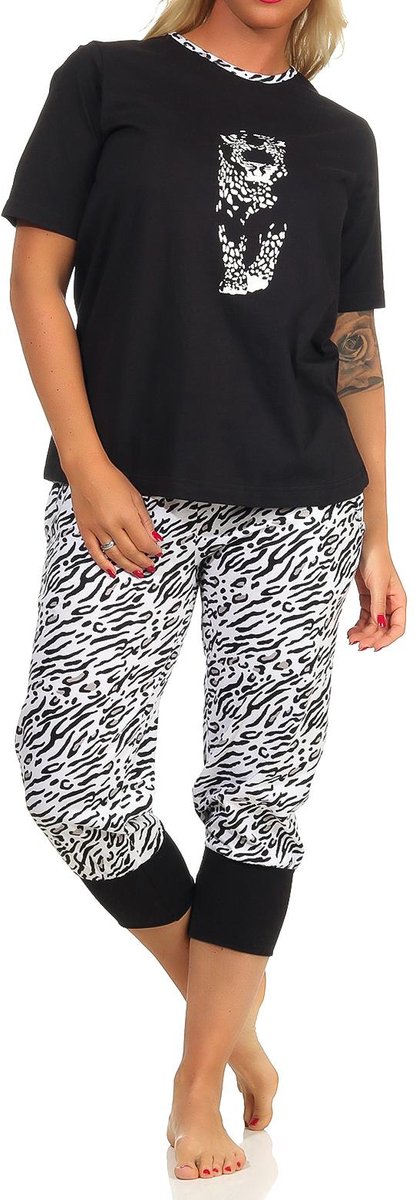 Normann Capri pyjama korte mouw pyjama, capri broek met manchetten, tijger motief, ook in oversized schwarz