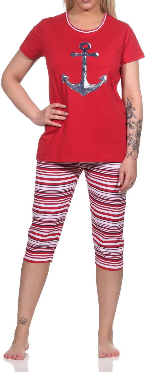 Normann Damespyjama Capri korte mouwen met ankermotief en strepen - 122 204 10 755 rot