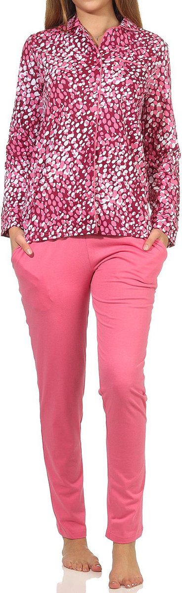 Normann Elegante damespyjama met lange mouwen om door te knopen in polka dot look beere