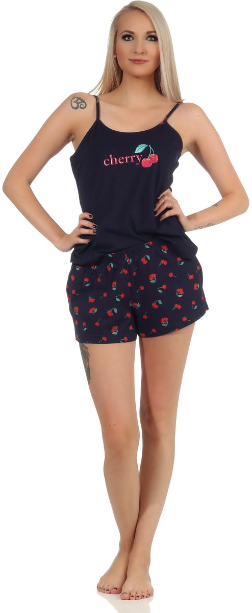 Normann Leuke mouwloze dames pyjama korte pyjama met kersen als motief - 112 206 90 535 marine