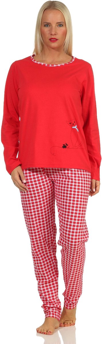 Damespyjama met lange mouwen en schattig katmotief en geruite jersey broek